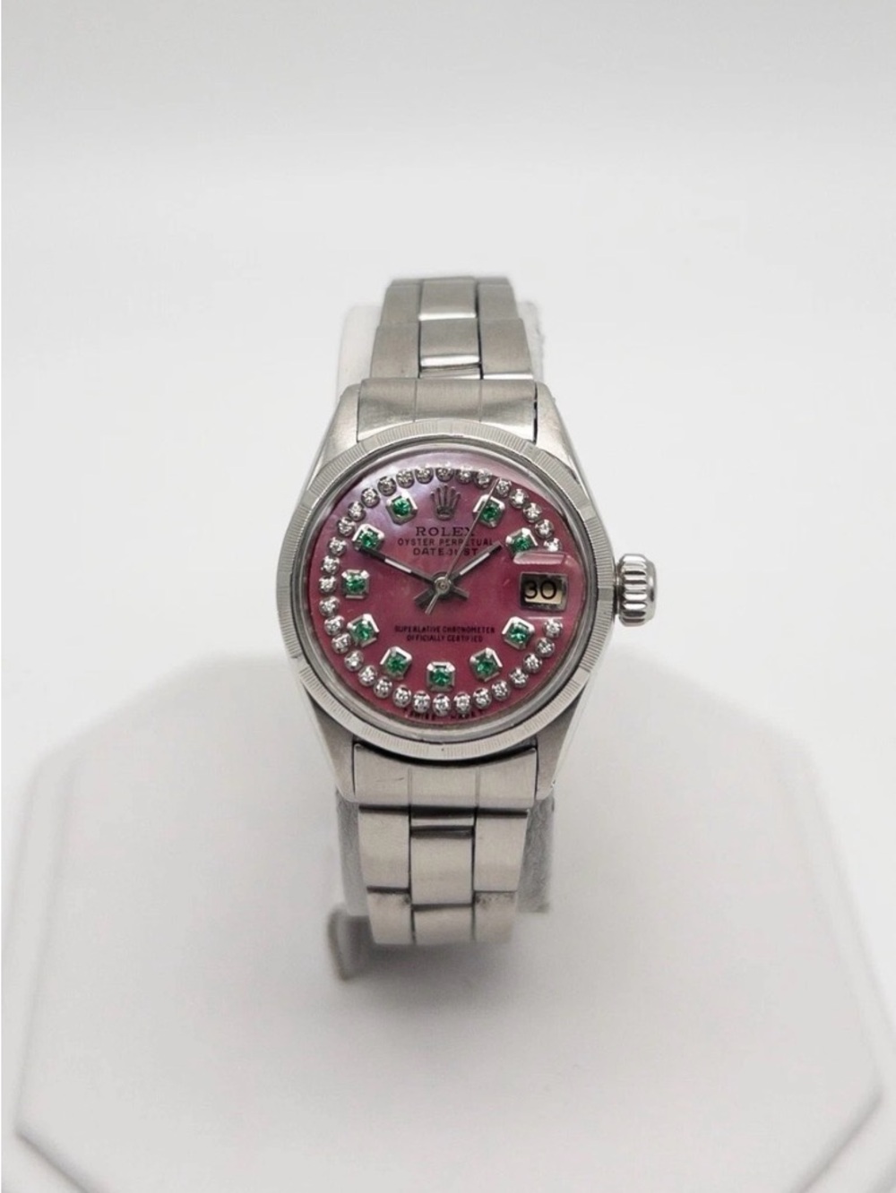 Estate $8000 ROLEX DATEJUST Pink MOP Emerald Diamond SS Ladies Watch